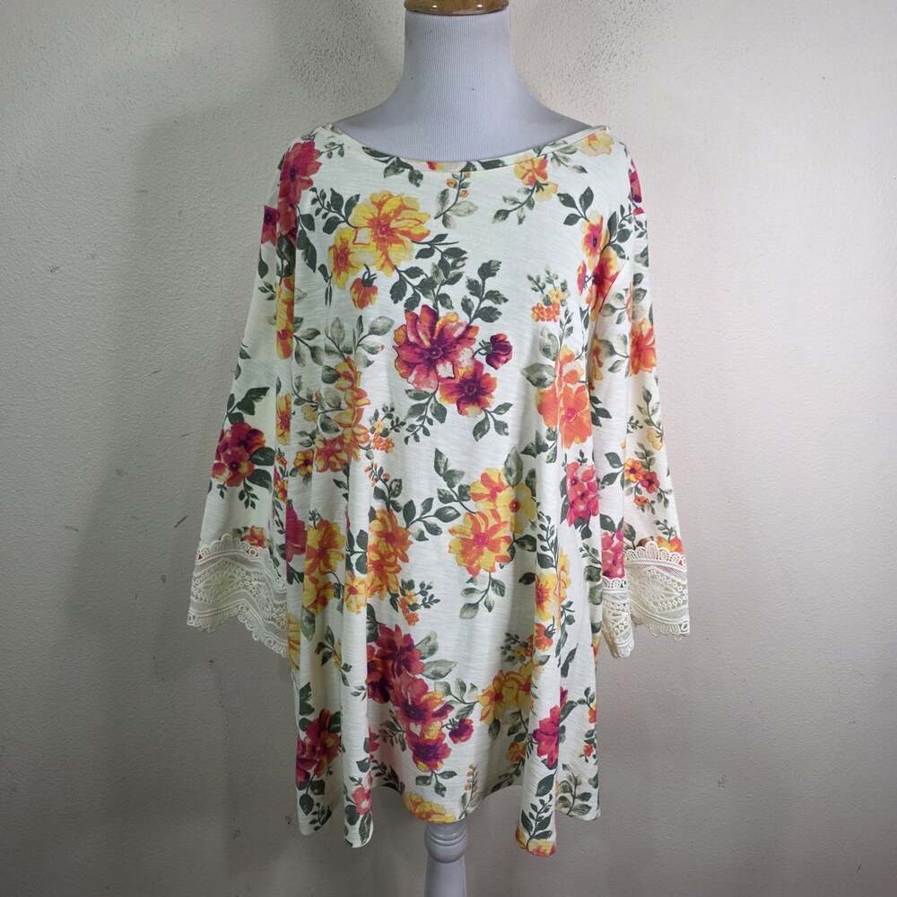 Woman Within 3/4 Sleeve Floral T Shirt Lace Trim Sleeves Plus Size 26/28, 2X
